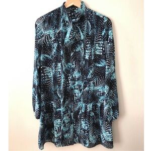 Cynthia Steffe • 0 • Long Sleeve Feather Print Shirt Dress Pintuck Front Necktie